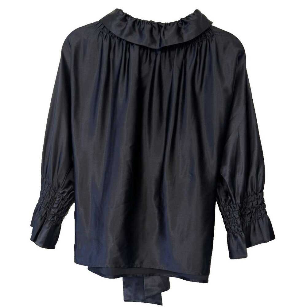 Pot Pourri Venezia Silk Ruffle 3/4 Bell Sleeve Navy Waist Tie Blouse Large